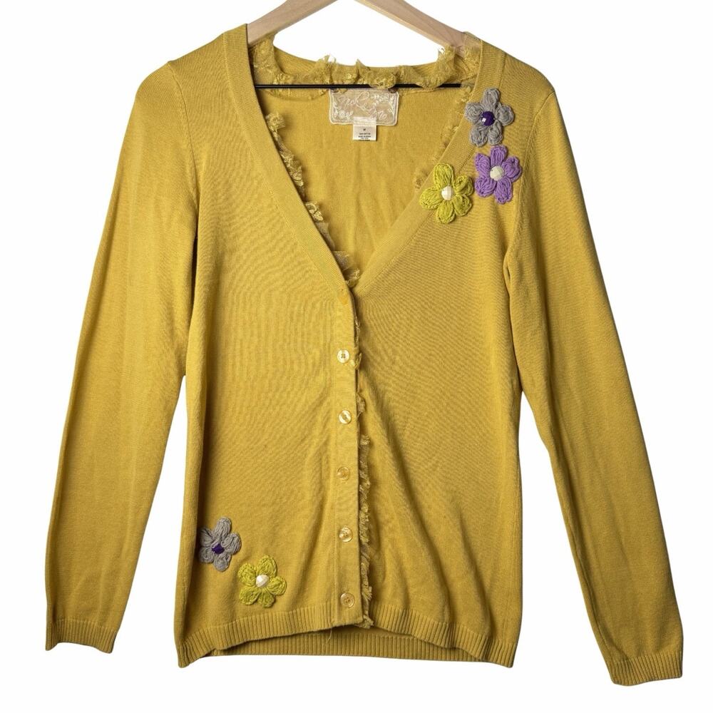 Nick‎ & Mo Yellow Button Up Cardigan Sweater Appliquéd Flowers Women's size M